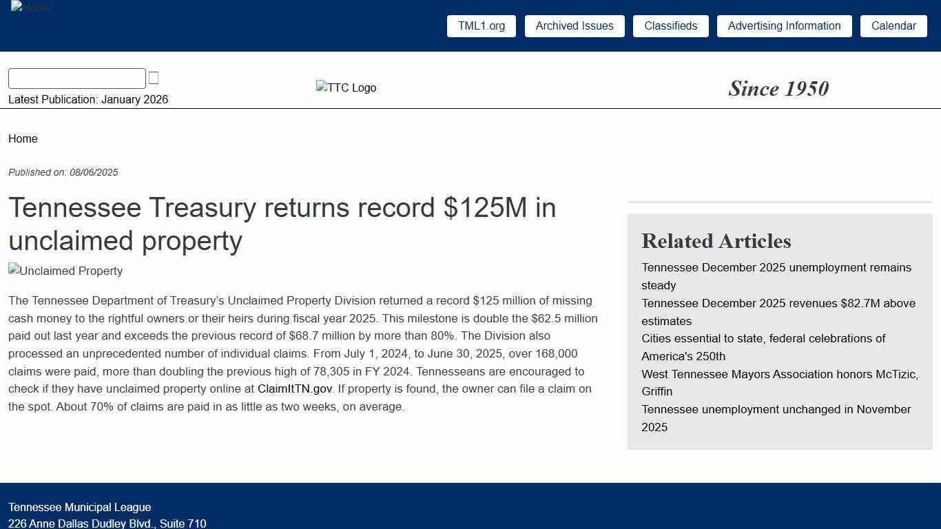 Tennessee Treasury returns record $125M in unclaimed property Tennessee Town & City - Tennessee Municipal League