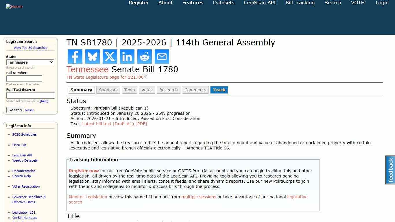TN SB1780 2025-2026 114th General Assembly LegiScan